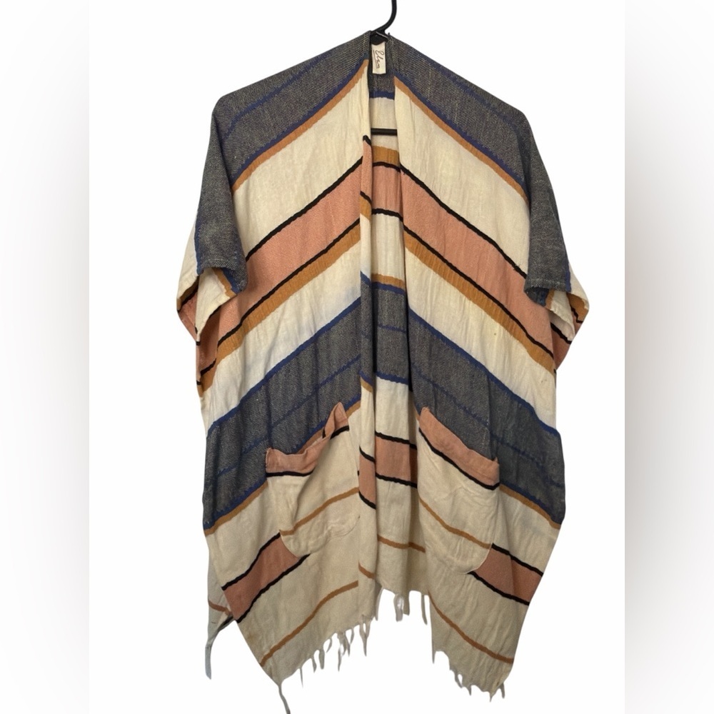 Elan Hand-Loomed Striped Cotton Poncho Slightly Distressed Look With Fringe